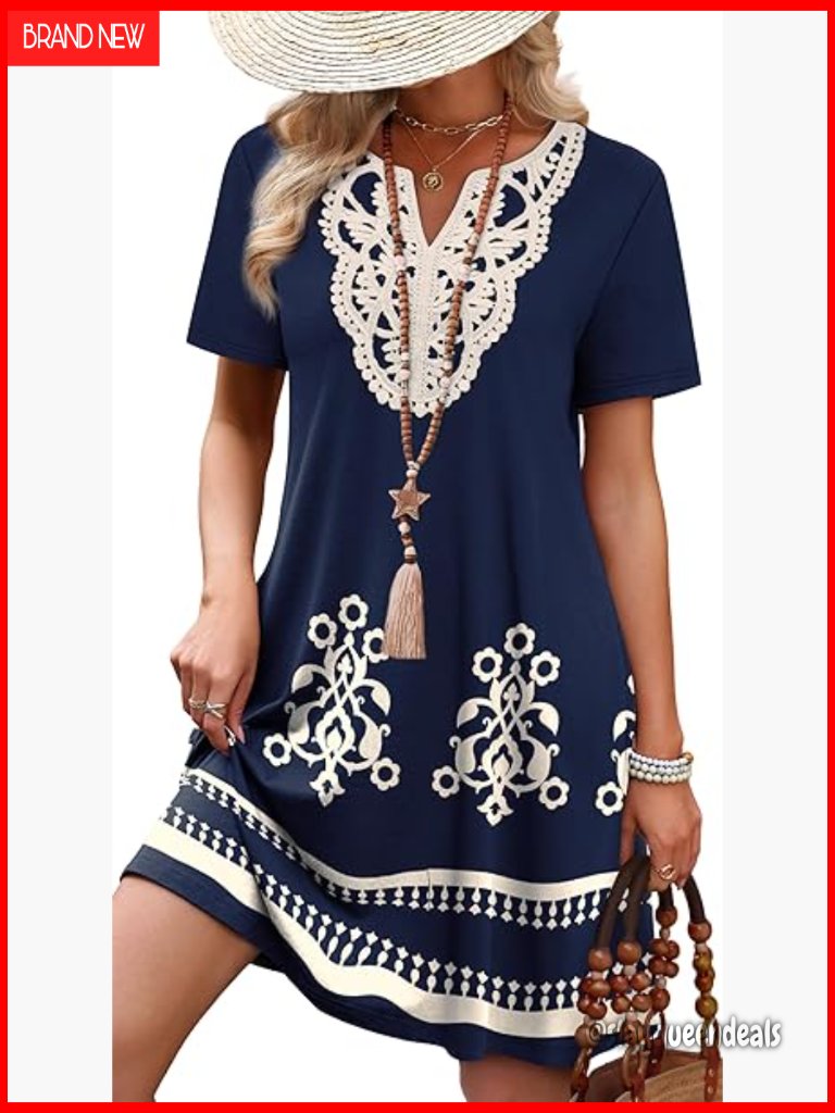 Lace V-Neck T-Shirt Dress For Women Casual Boho Midi Beach Vacation